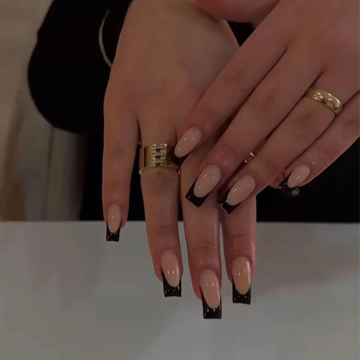 24Pcs Long Coffin French False Nails with Glue Bow Diamond Stick on Press on Acrylic Nails Black Ballerina Nail Art Manicure Tip Good Vibrations