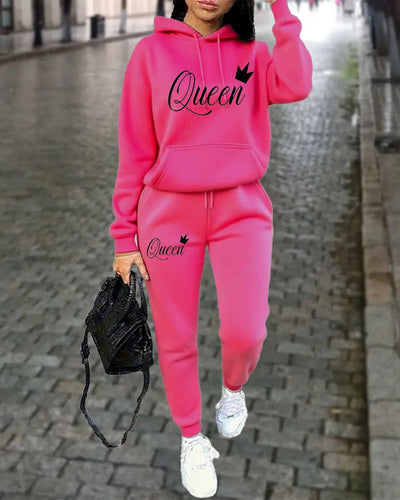 Queen Letter Graphic Print Women's Sets Hoodies Pants 2pcs Suit Autumn Winter Sports Jogging High quality Aesthetic Tracksuit Good Vibrations