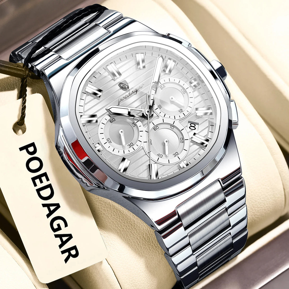POEDAGAR Business Man Wristwatch Date Chronograph Waterproof Luminous Luxury Men Watch Stainless Steel Quartz Men's Watches Male Good Vibrations