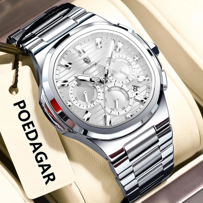 POEDAGAR Business Man Wristwatch Date Chronograph Waterproof Luminous Luxury Men Watch Stainless Steel Quartz Men's Watches Male Good Vibrations