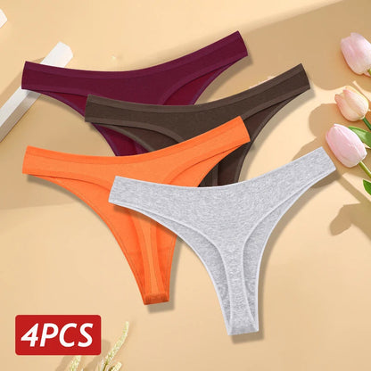 4PCS/Set Women Cotton Panties Seamless Low Rise Thongs V-Waist Solid Color Breathable Underwear Female Soft Lingerie Intimates Good Vibrations