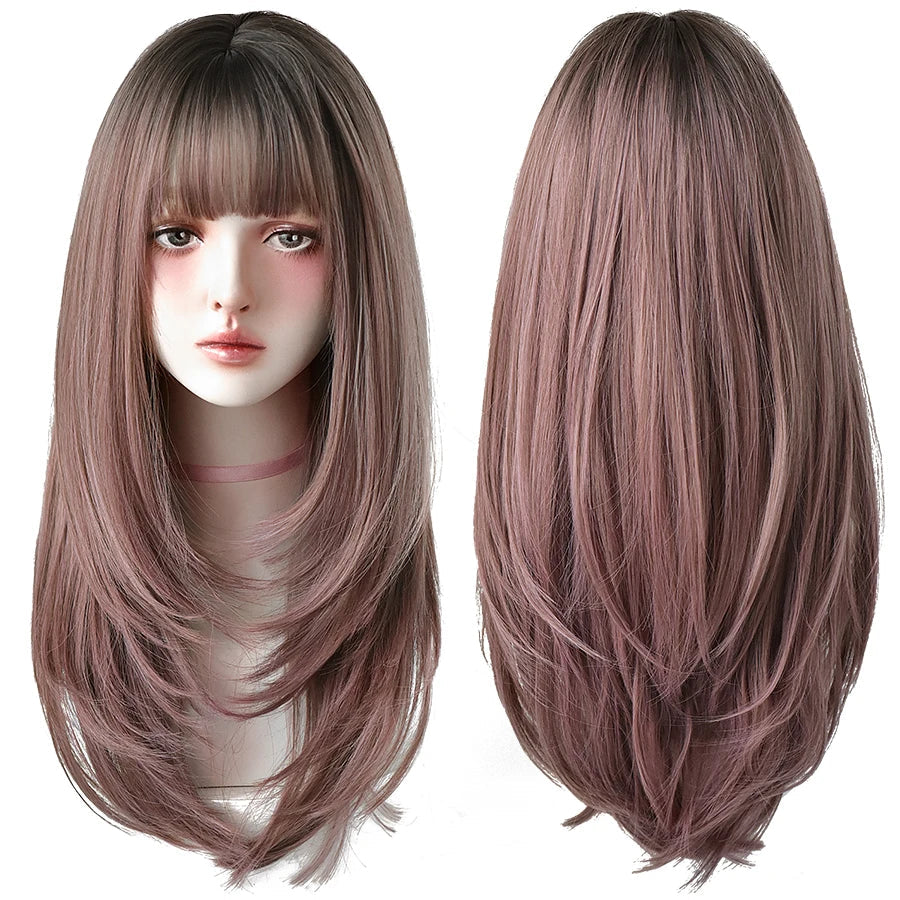 7JHHWIGS Long Wavy Synthetic Black Wigs For Women With Fringe Fashion Heat Resistant Mid-Length Daily Straight Light Brown Hair Good Vibrations