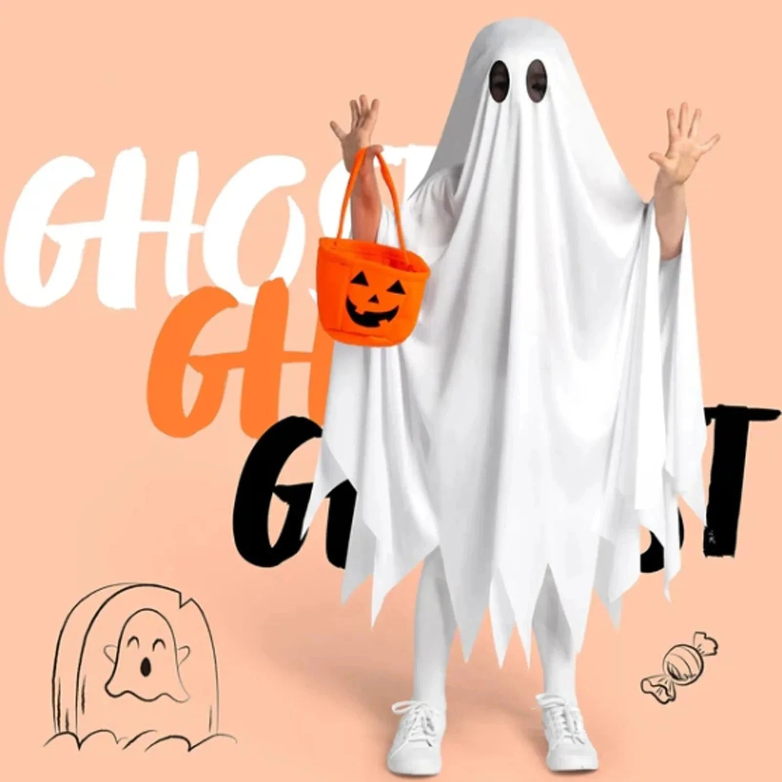 Halloween Funny Costume Kids White Ghost Cloak  Cosplay Outfit With Cute Pumpkin Bag Theme Party Festival Decorative Supplies Good Vibrations