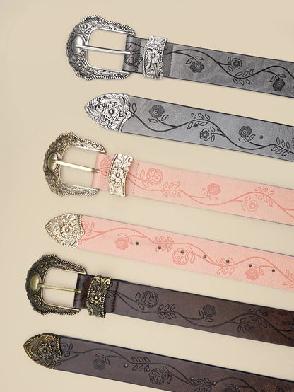 Western Style Printed Solid Color Pu Belt Buckle, Retro Casual Women's Belt, Classic Jeans Decorative Belt Good Vibrations