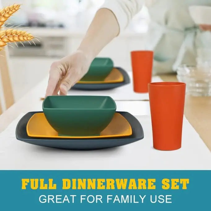 48-piece Kitchen Plastic Wheat Straw Square Dinnerware Set for 12, Unbreakable Dinner Plates, Salad Plates, Snack Bowls, Tumbler Good Vibrations
