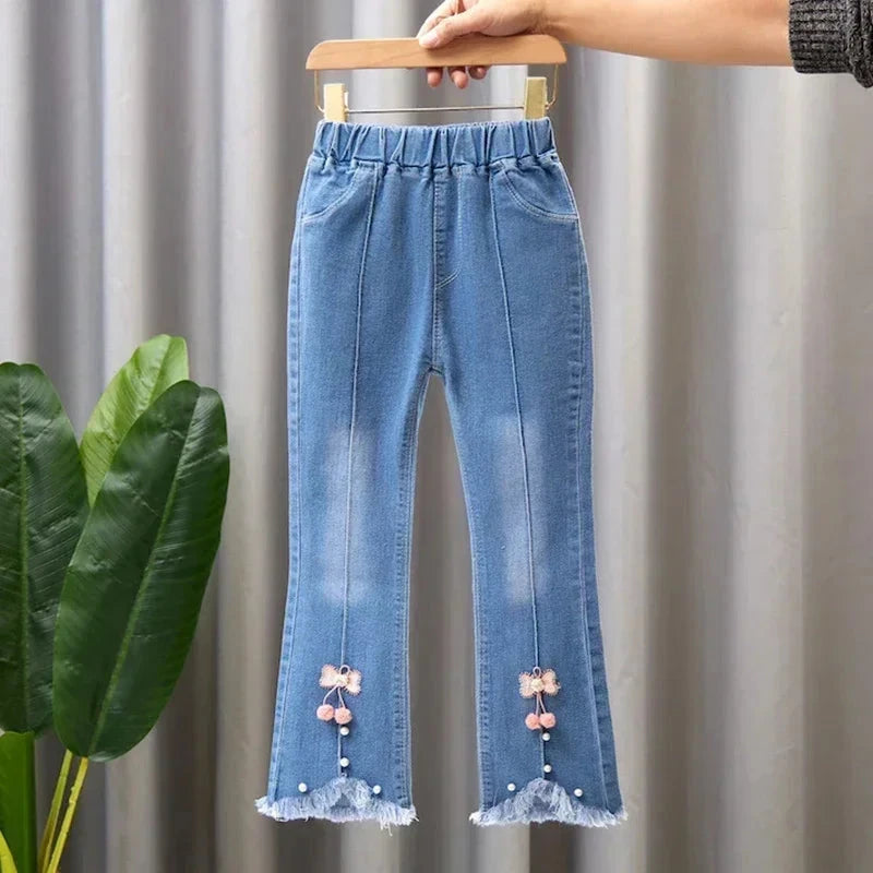 Kids Girls Jeans Pants for 2024 New Spring Autumn Long Flared Jeans Children's Pants 4-10Yrs Girls Cowboy Pants Trousers Good Vibrations
