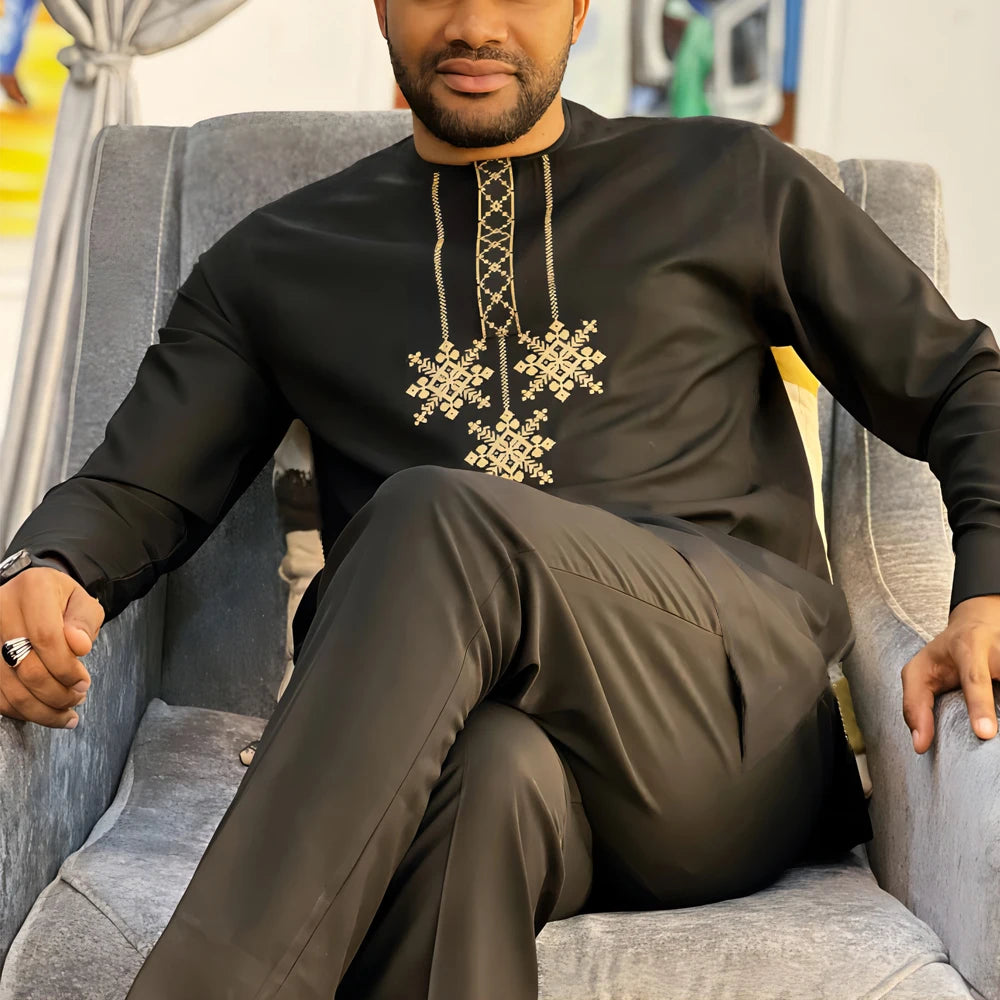 New Dashiki Luxury Full Set Men's Set Round Neck Embroidered Men's Set African Traditional Two Piece Set Men's Full Set Suit Good Vibrations
