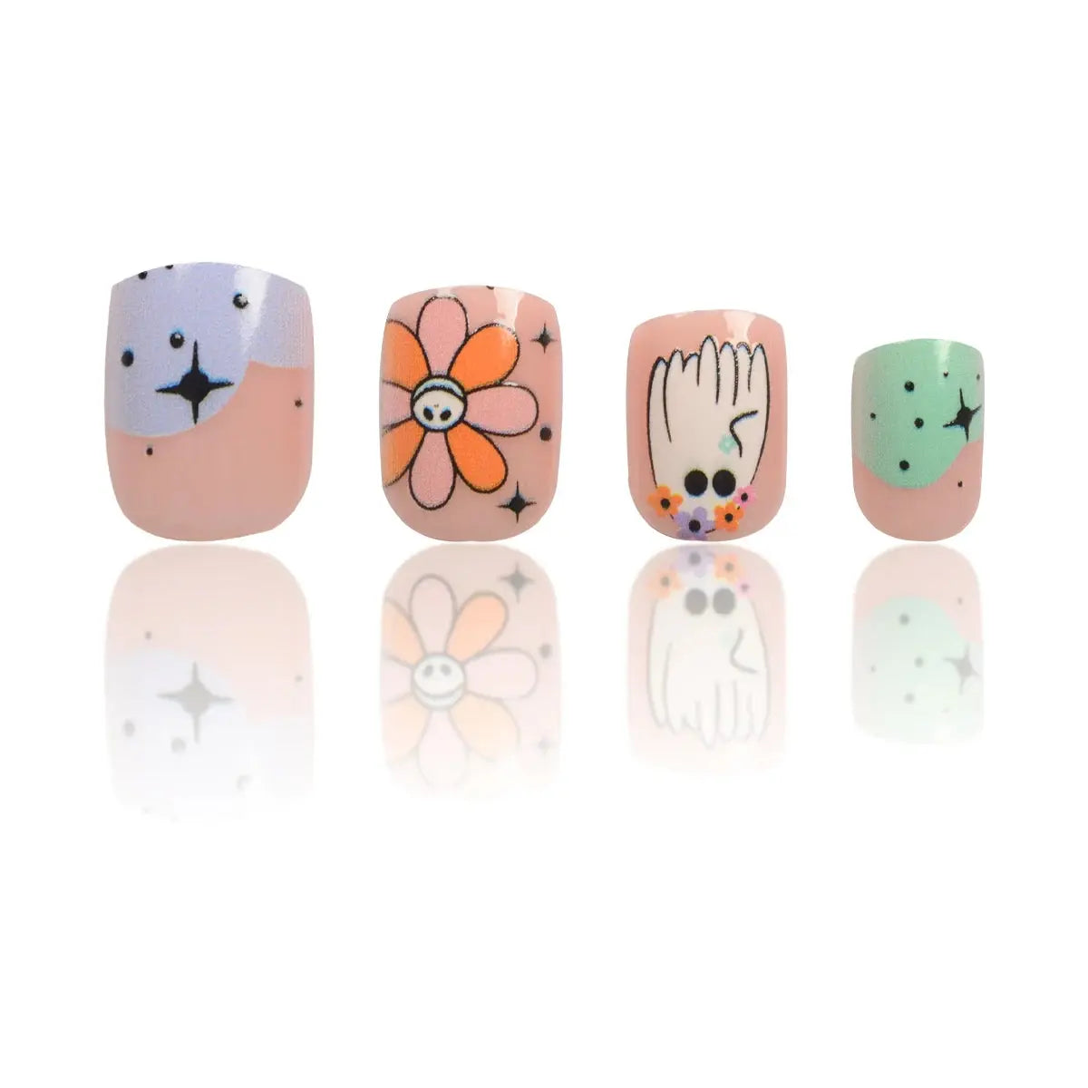 24Pcs Halloween-Themed Press-On Nails Set, Floral & Festive Elements Design, Glossy Finish with Jelly Glue & Nail File Included Good Vibrations