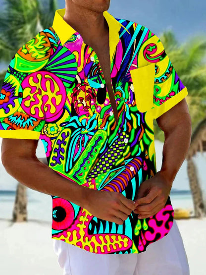 Men's Short Sleeve Shirt Art Painting Abstract Cartoon Print Summer Button Shirt Camping Shirt Short Sleeve Men's Casual Shirt Good Vibrations