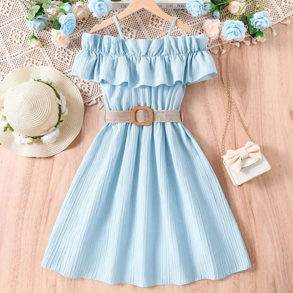Prowow Girls Party Dresses Sleeveless Belted Halter Neck Hem Dress Holiday Beach Children's Clothing Teenagers Dress For Girls Good Vibrations