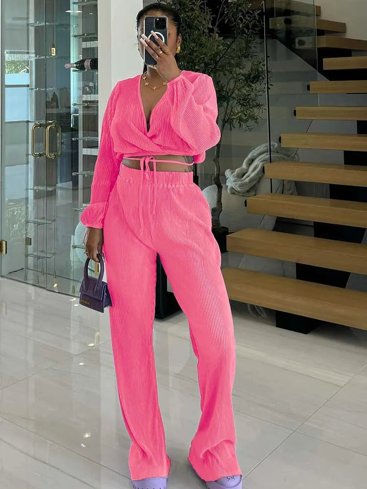 Casual Sets Womens Outfits Fall Clothes 2 Piece Lounge Set Draped Top and Elastic Wrap Pant Sets Outfits Wholesale Dropshipping Good Vibrations