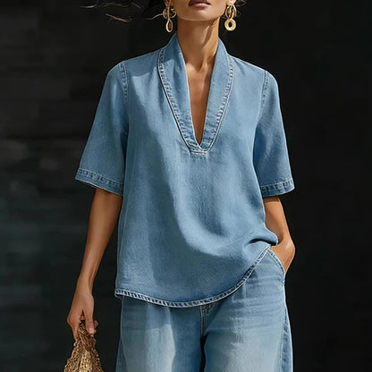 Women Denim Two Piece Set V Neck Half Sleeve Top T-Shirt Loose Wide Leg Pants Casual Outfit Streetwear Fashion Summer Suit Sets Good Vibrations