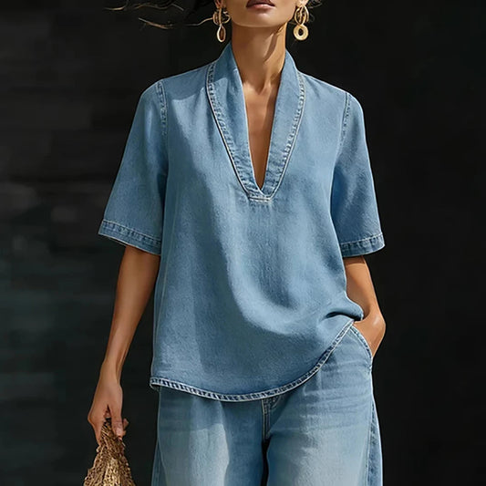 Women Denim Two Piece Set V Neck Half Sleeve Top T-Shirt Loose Wide Leg Pants Casual Outfit Streetwear Fashion Summer Suit Sets Good Vibrations