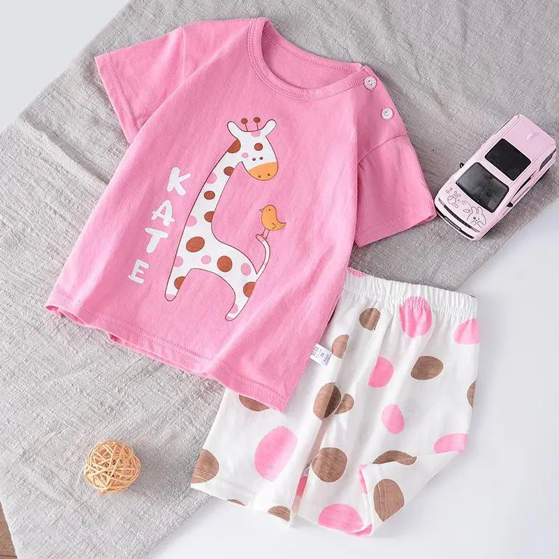 Girls Cute Pink Sets Fashion Tops Summer Clothing Loose Tees+shorts Kids Short Sleeve Shorts Outfits Cartoon Tshirt Casual Good Vibrations