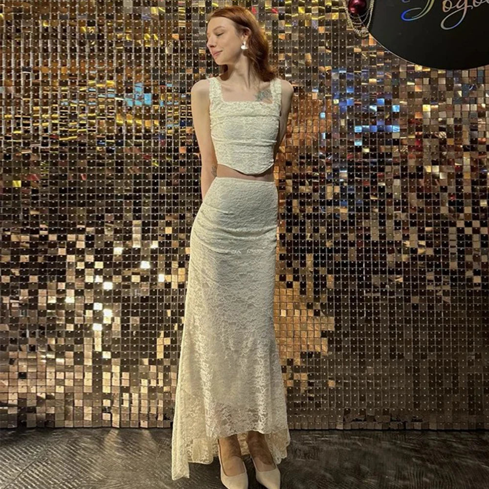 Mingmingxi Summer Sleeveless 2 Piece Sets Womens Outfits Elegant Formal Events Wedding Guest Dresses Sexy Cropped Top and Skirt Good Vibrations