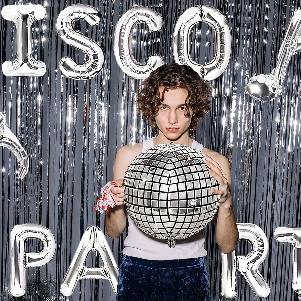 16-Piece 90s Retro Disco Theme Party Set: Silver Letter Foil Balloons & Musical Note Decorative Balloons Good Vibrations