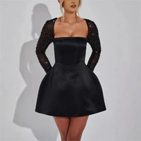 Autumn New Sequins Long Sleeve Mini Dress Chic Square Collar Backless Evening Dress Elegant Ladies Lace Up Exclusive Short Dress Good Vibrations