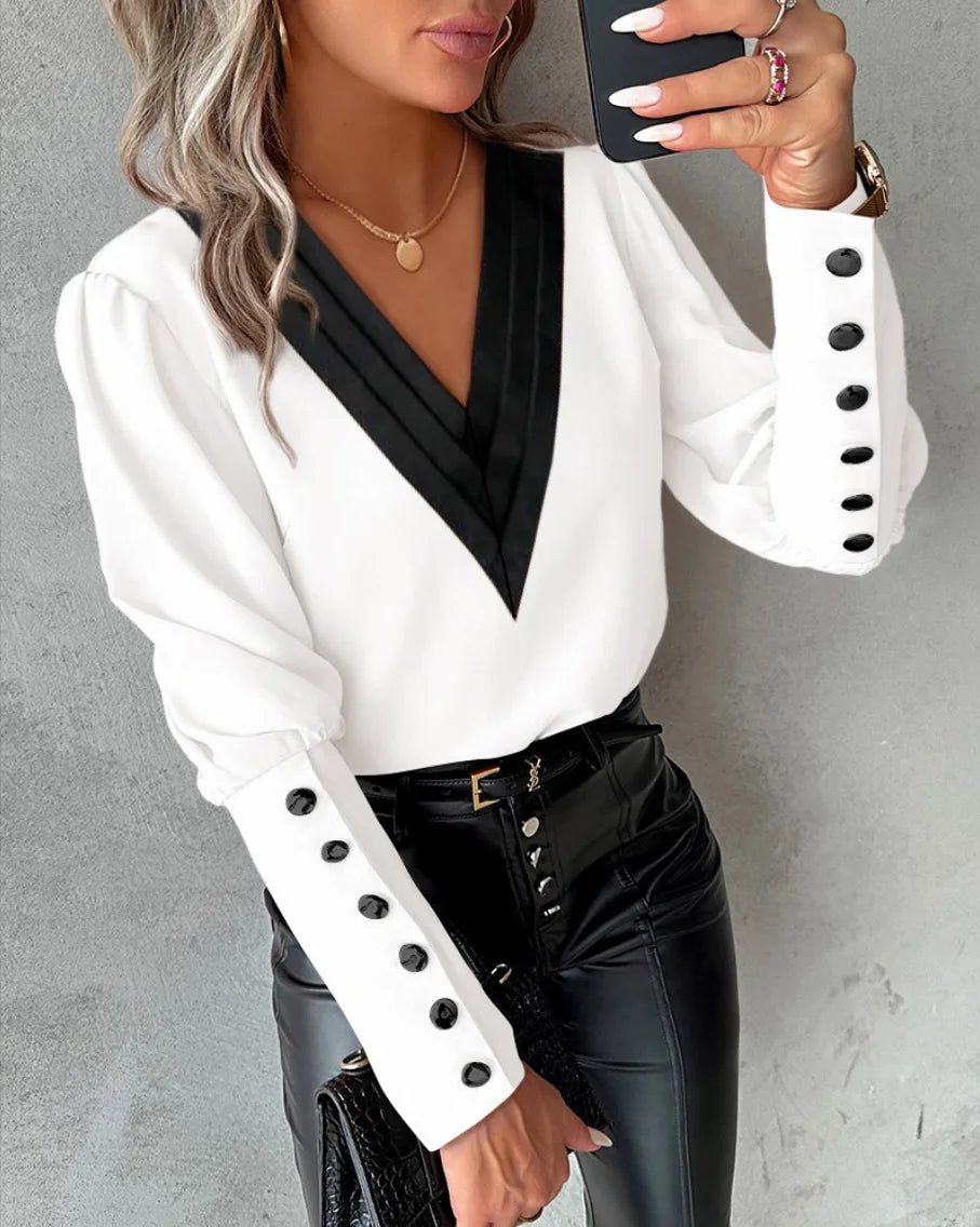 Office Ladies V-neck Button Shirt Blouse Spring Autumn Fashion Color Matching Long Sleeve Shirts For Women 2024 White Tops Femme Good Vibrations