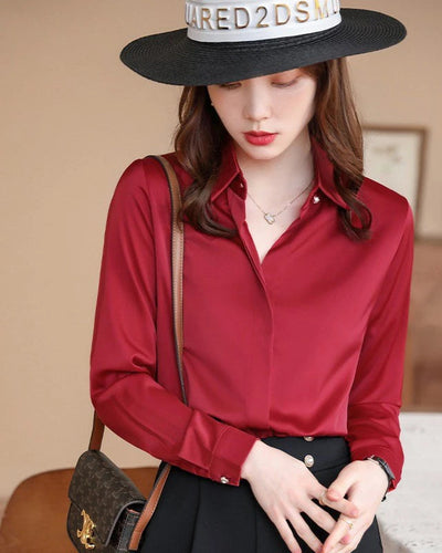 Red Women Shirt New Korean Fashion Women Clothing OL Satin Blouse for Women Long Sleeved Women's Shirt Basic Elegant Women Tops Good Vibrations