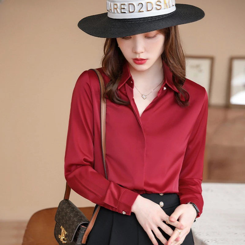 Red Women Shirt New Korean Fashion Women Clothing OL Satin Blouse for Women Long Sleeved Women's Shirt Basic Elegant Women Tops Good Vibrations