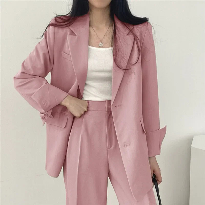 Classic Solid Color Women's Suit Set Fashion Loose Casual Design Spring Autumn Two-Piece Sets Office Long Sleeve Pocket Suits Good Vibrations