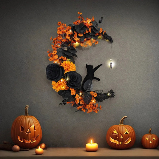 Halloween Door Hanging Decor Gothic Wreath Decoration Handmade Artificial Moon Cat Garland Durable for Indoor Outdoor Home Decor Good Vibrations