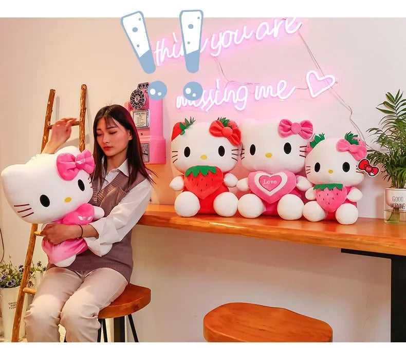 22cm Sanrio KT Cat Plush Toys Kawaii Strawberry KT Cat Plush Doll Home Decor Plushie Toy Girl Birthday Gift Good Vibrations