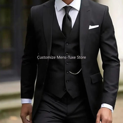 New Beige Suit Men Business Tuxedos Formal 3 Piece Set Jacket Vest Pants Single Breasted Groom Groomsman Prom Wedding Party Good Vibrations