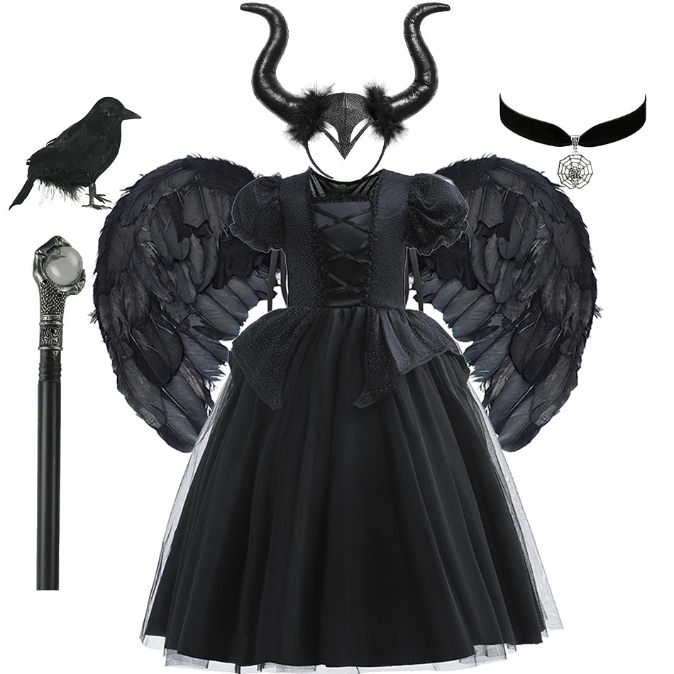 Halloween Costume For Kids Black Witch Dress Luxury Lace Sequin Evil Role Playing Costume Maleficent Dress Up Outfit Ghost Bride Good Vibrations