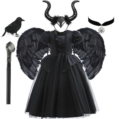 Halloween Costume For Kids Black Witch Dress Luxury Lace Sequin Evil Role Playing Costume Maleficent Dress Up Outfit Ghost Bride Good Vibrations