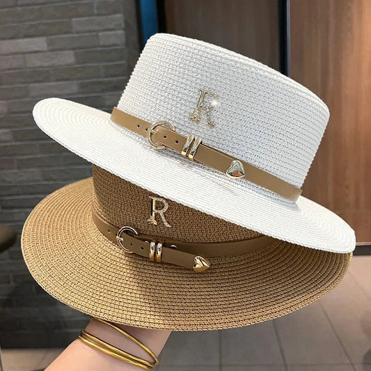 Summer Sun Hat Flat Top Straw Hats for Women New Metal R Letter Fashionable Beach Sun Hat Females Travel Holidays Boater Hat Good Vibrations
