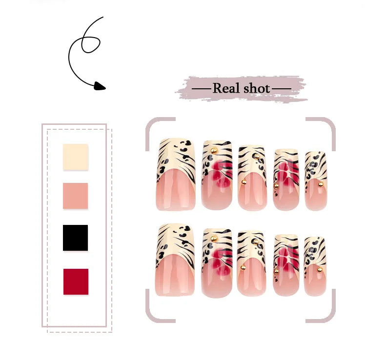 Black Leopard Print Light Yellow French Red Flowers Fake Nails Fashion Detachable Finished False Nails Press on Nails with Glue Good Vibrations