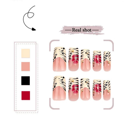 Black Leopard Print Light Yellow French Red Flowers Fake Nails Fashion Detachable Finished False Nails Press on Nails with Glue Good Vibrations