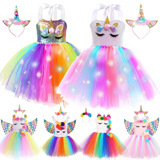 Girls Unicorn TUTU Princess Dress Shiny Children Cartoon Clothes with LED Glowing Wings Headband Stage Halloween Party Costume Good Vibrations