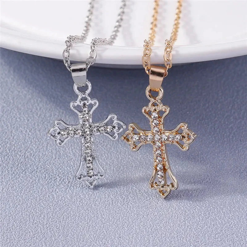 Fashion Cross Necklace for Women Men Gold Silver Color Dazzling Crystal Jesus Crucifix Necklace Christian Jewelry Wholesale Good Vibrations