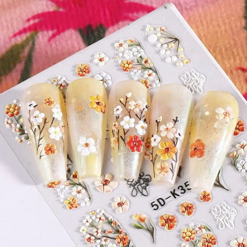 ★★★Colorful 5D Flower Embossed Nail Stickers Fresh Floral Designs Five-Petal Flower Self-Adhesive DIY Nail Art Decals Good Vibrations