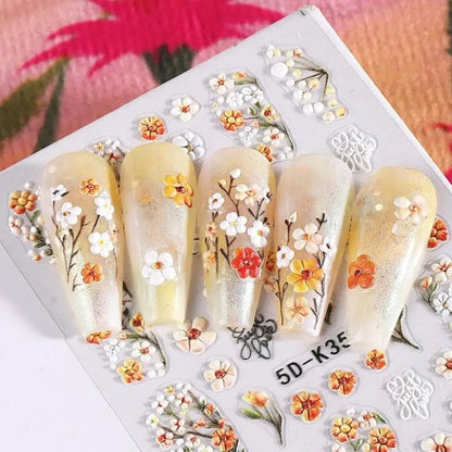★★★Colorful 5D Flower Embossed Nail Stickers Fresh Floral Designs Five-Petal Flower Self-Adhesive DIY Nail Art Decals Good Vibrations