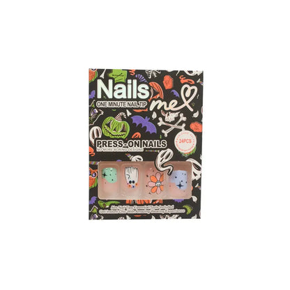24Pcs Halloween-Themed Press-On Nails Set, Floral & Festive Elements Design, Glossy Finish with Jelly Glue & Nail File Included Good Vibrations
