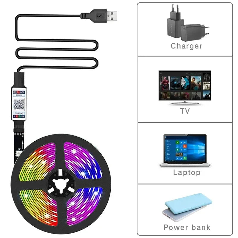RGB LED Strip Light SMD 5050 USB Remote&APP Control Bluetooth Flexible Tape Diode Ribbon for TV Backdrop Living Room Bedroom Good Vibrations