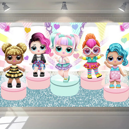 Girl Surprise Theme Backdrop Cute Shiny Doll Birthday Party Decoration Pink Latex Balloon Disposable Tableware Plate Cake Topper Good Vibrations