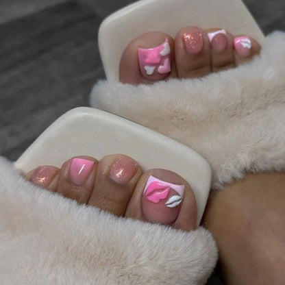 24pcs French Fake Toenails Pink Gradient Full Cover Short Square Toe Nails Foot Nails Tips for Women Girls Good Vibrations