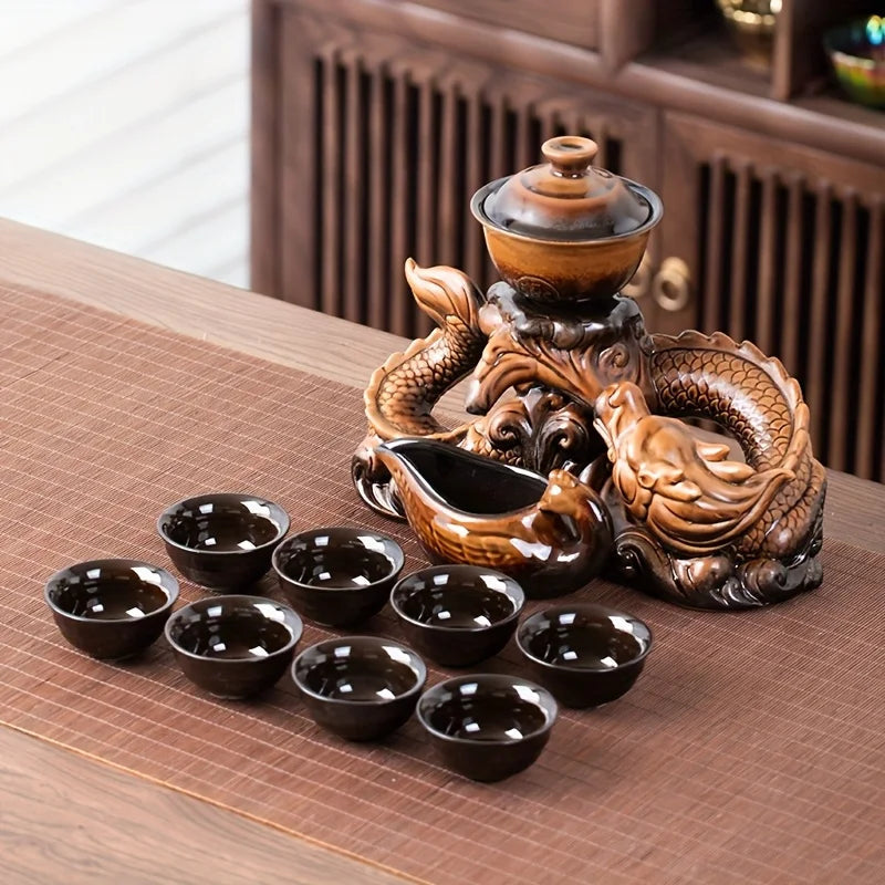 Coiling Dragon Ceramic Teapot Set - Rotating Spout Lazy Brewer , Effortless Pouring, Premium Tea Ritual Collection Good Vibrations