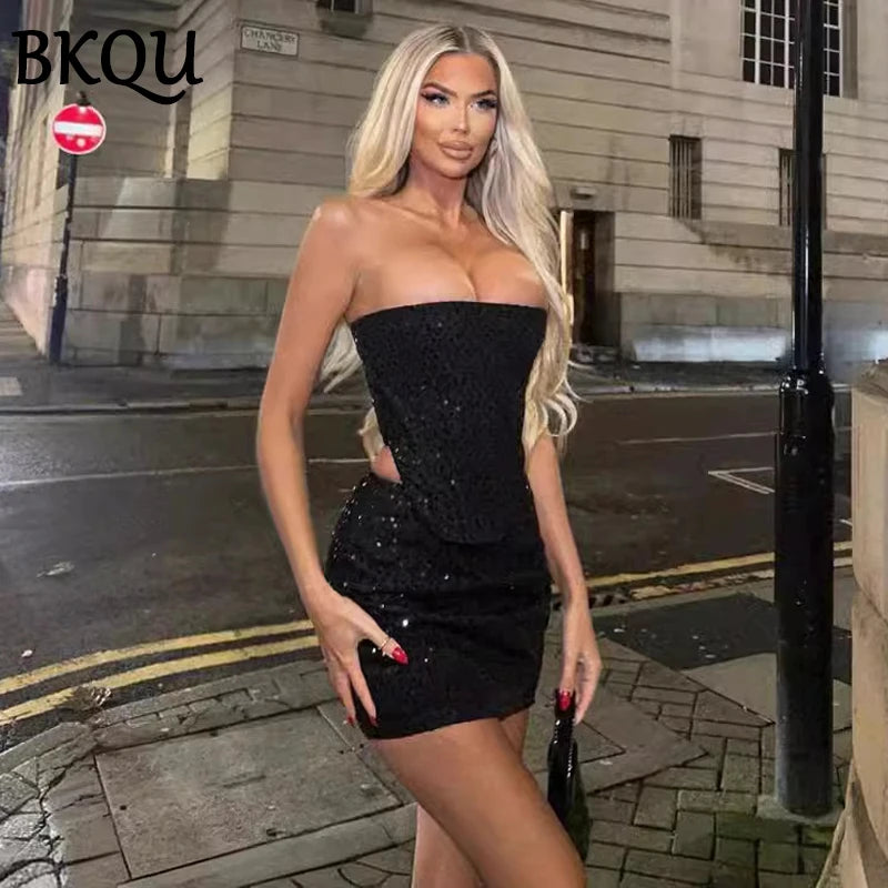 BKQU Women Sequined Denim Two Piece Sets Sexy Strapless Corset Tank Tops and Mini Skirt Sets 2024 Summer Party Nightclub Outfits