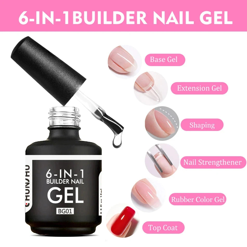 CHUNSHU 6 IN 1 Extension UV Gel Polish In A bottle Builder Nail Gel Rubber Base Coat Semi Permanent Nails Art Self-leveling 15ML Good Vibrations