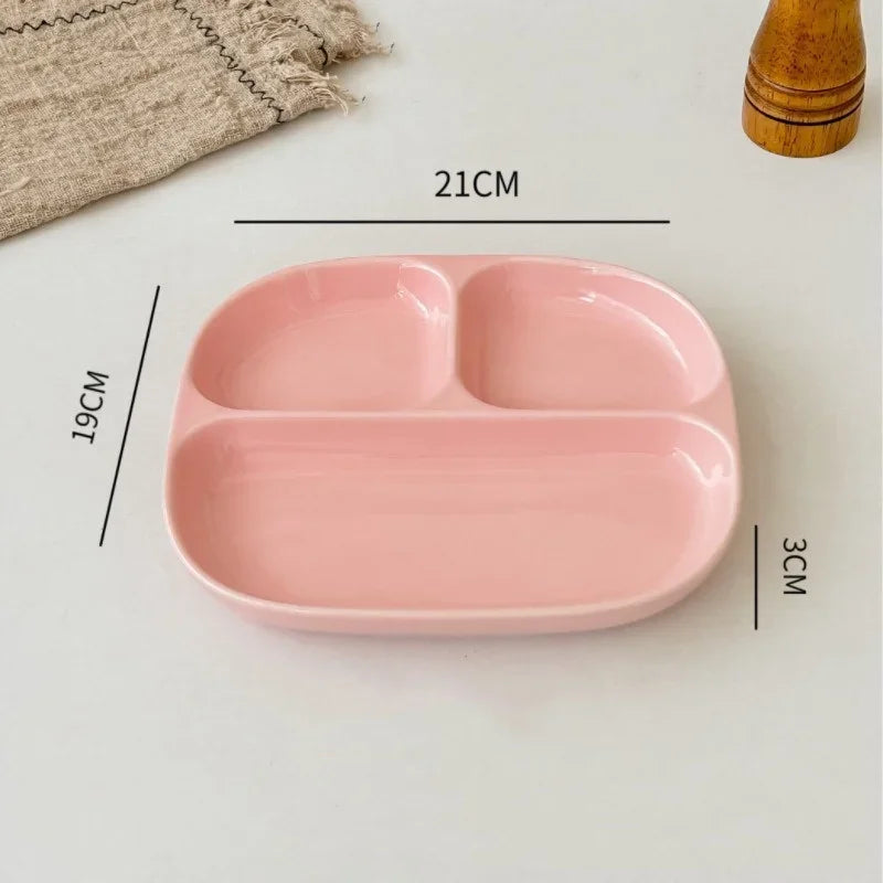3Grid Ceramic Dinner Plates Solid Color Serving Dishes Salad Dinnerware Dining Compartment Plate Kitchen Eco-friendly Tableware Good Vibrations