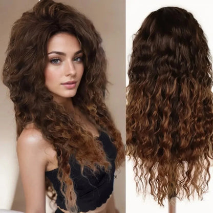 GNIMEGIL Synthetic Long Wave Cur Wigs Female Natural Brown Wig with Clip Free Part Side Bangs 80s Curly Wigs for Women Ombre Wig Good Vibrations