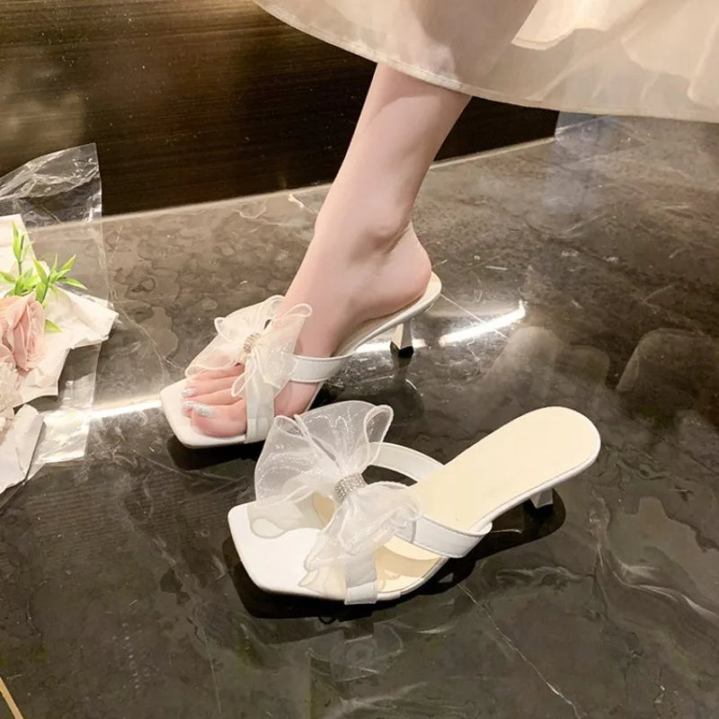 Women High Heels Shoes Lace Bow Square Toe Heel Lazy Sandals Fashion Slides Summer Outdoor Vacation High Heels Shoes for Women Good Vibrations