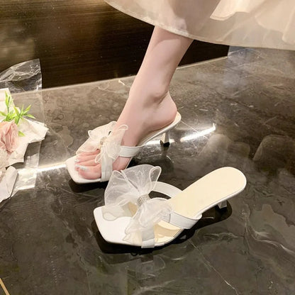 Women High Heels Shoes Lace Bow Square Toe Heel Lazy Sandals Fashion Slides Summer Outdoor Vacation High Heels Shoes for Women Good Vibrations