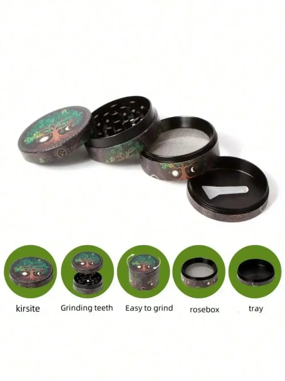 40/50mm leopard print herb grinder with 4-layer design and strong magnetic lid for efficient spice and tobacco grinding.