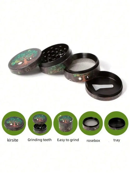 40/50mm leopard print herb grinder with 4-layer design and strong magnetic lid for efficient spice and tobacco grinding.